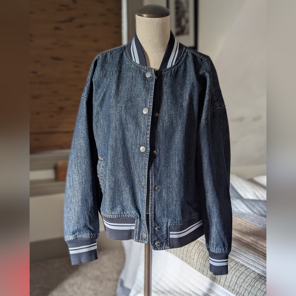Old Navy Jackets & Blazers - Denim Bomber Jacket with Striped Collar